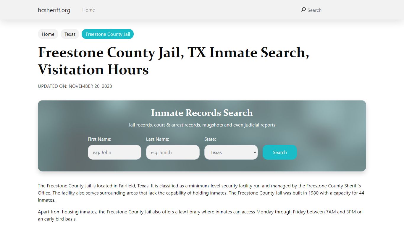 Freestone County Jail, TX Inmate Search, Visitation Hours
